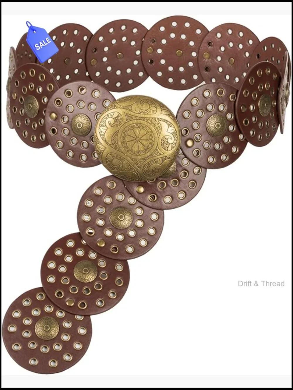 Wide Western Disc Belt with Concho Buckle Faux Leather Women's